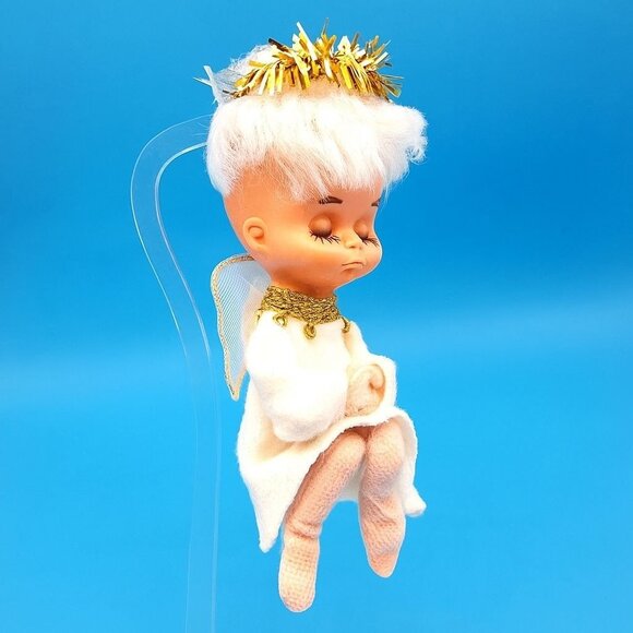 Vintage 1950s Pixie Angel Knee Hugger Ornament Felt Sleepy Eyes Tulle Wings - Picture 2 of 9